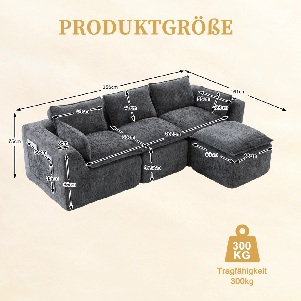 Divano modulare 3 posti con pouf; tasche laterali e cuscini; in chenille grigio scuro 256x161x75 cm