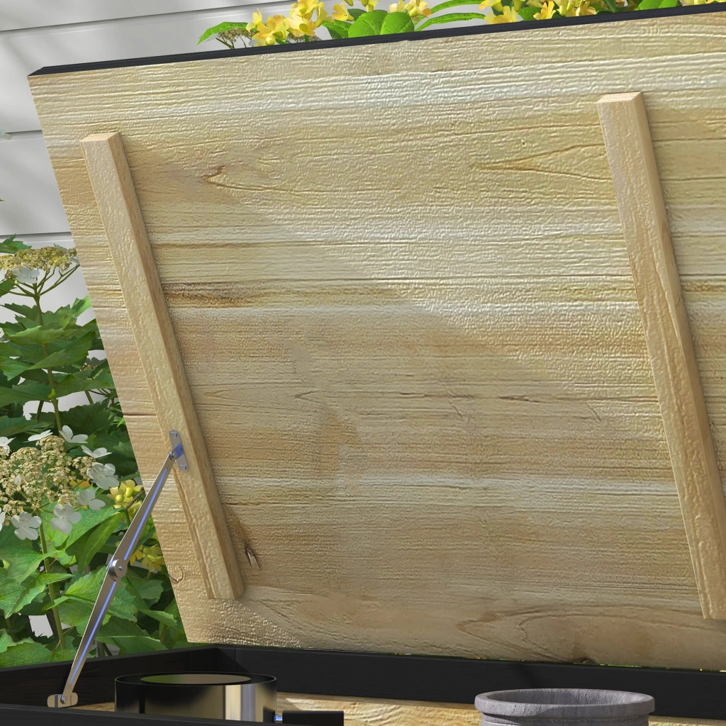 Mobile contenitore da esterno con coperchio e 2 ruote; in legno; per balcone e terrazza; 100×50×43 cm