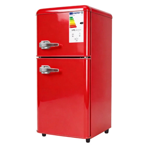 Frigorifero a doppia porta (86L) – controllo della temperatura a 7 livelli; classe di efficienza energetica E; luce a LED; ripiani regolabili e portauova – rosso