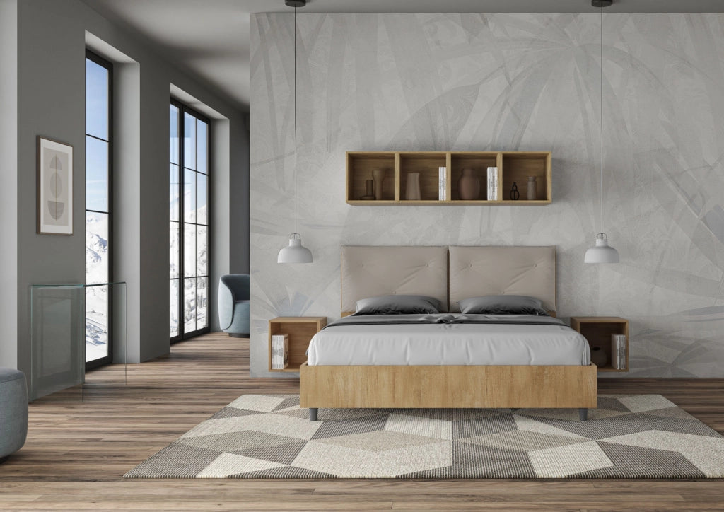 Letto Matrimoniale 160x200 cm Senza Rete Struttura Quercia con Cuscini in Similpelle Egos Appia Tortora
