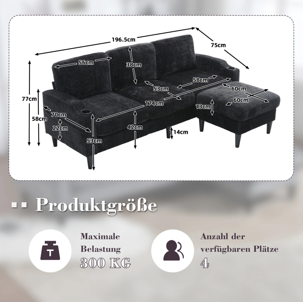 Divano 4 posti con pouf contenitore e portabicchieri 196;5x75x77 cm; chenille nero