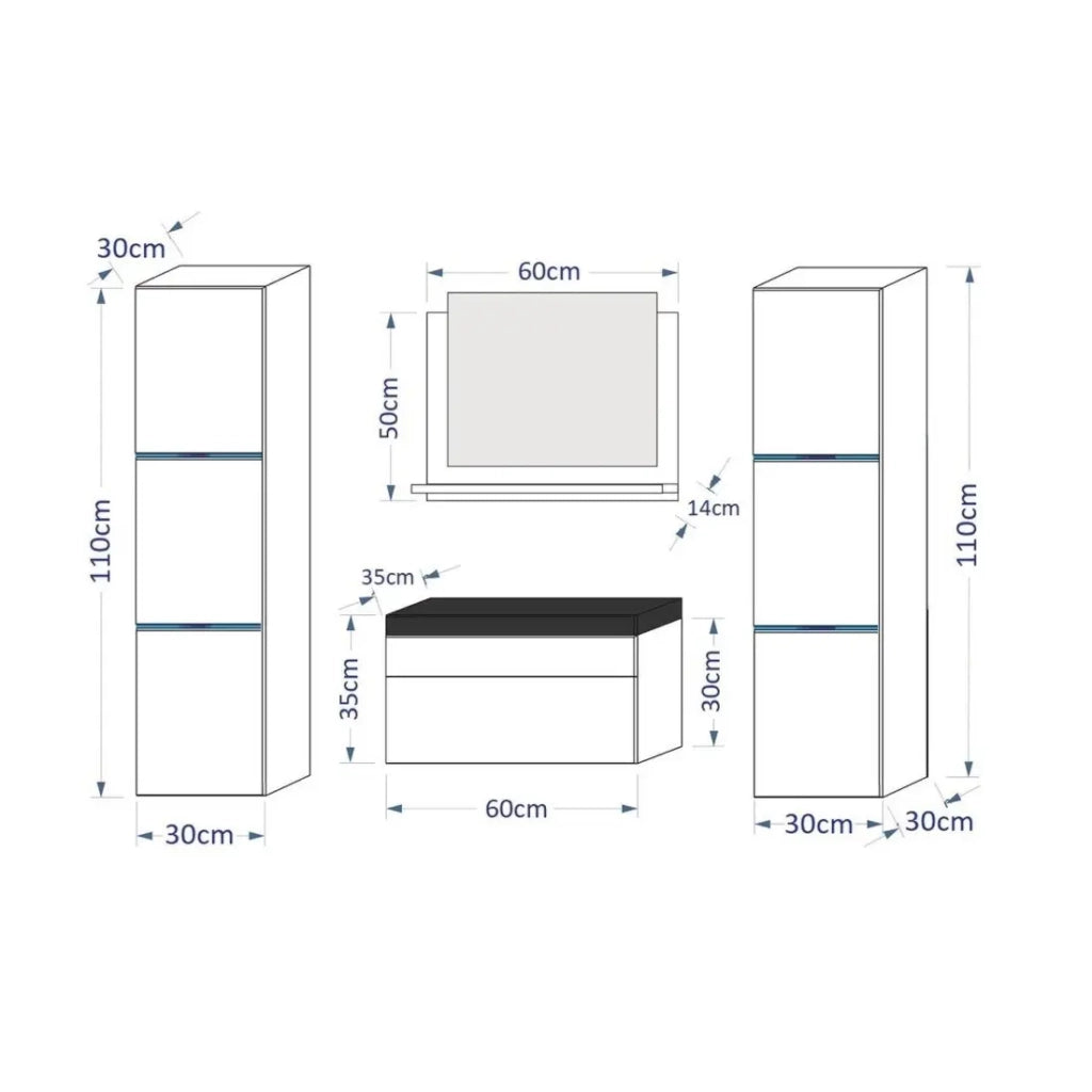 Set di mobili da bagno bianchi, collezione RAVEN, colonne, specchio, mobile sotto lavabo.
