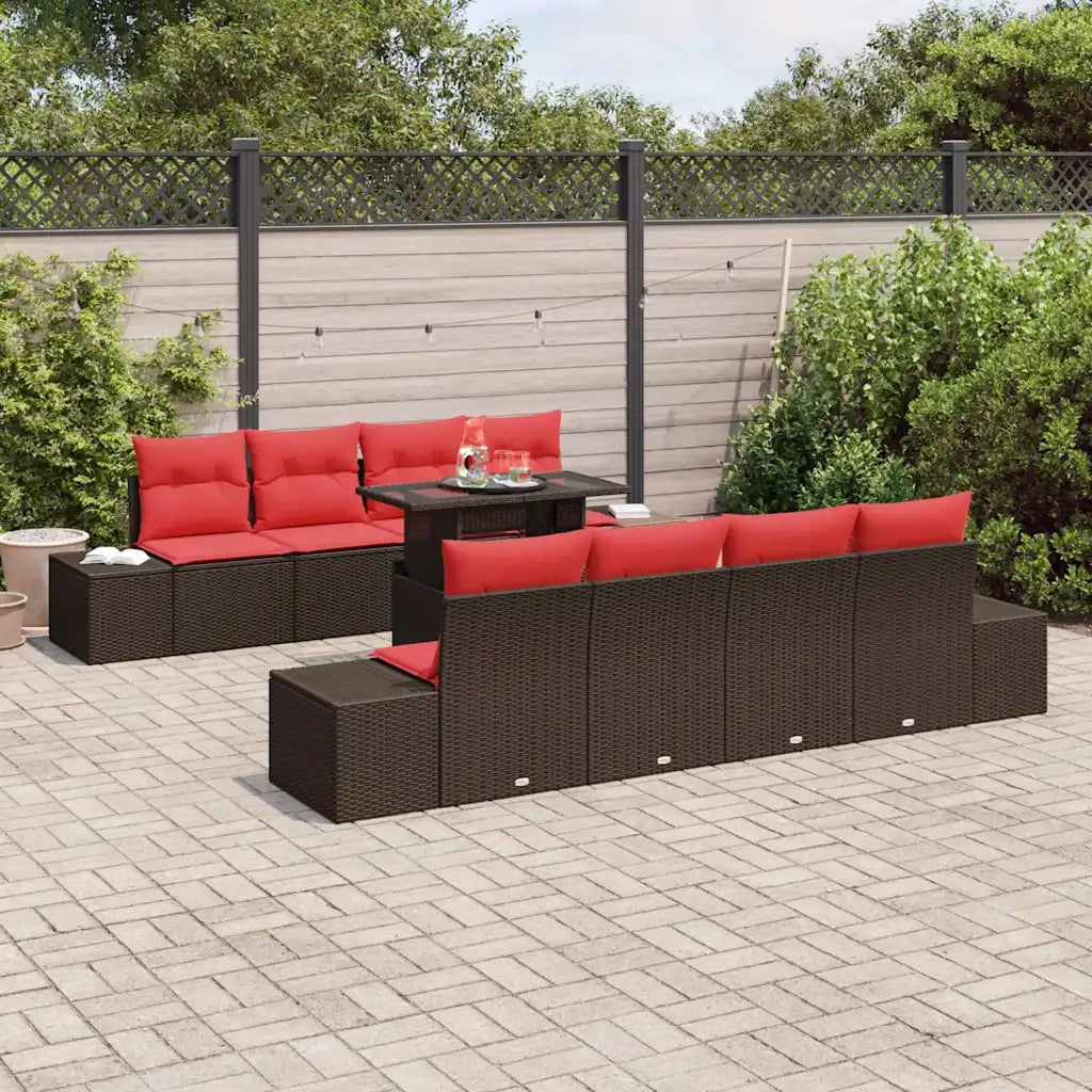 Set Divano da Giardino 9 pcs Marrone e Rosso polyrattan 3349150