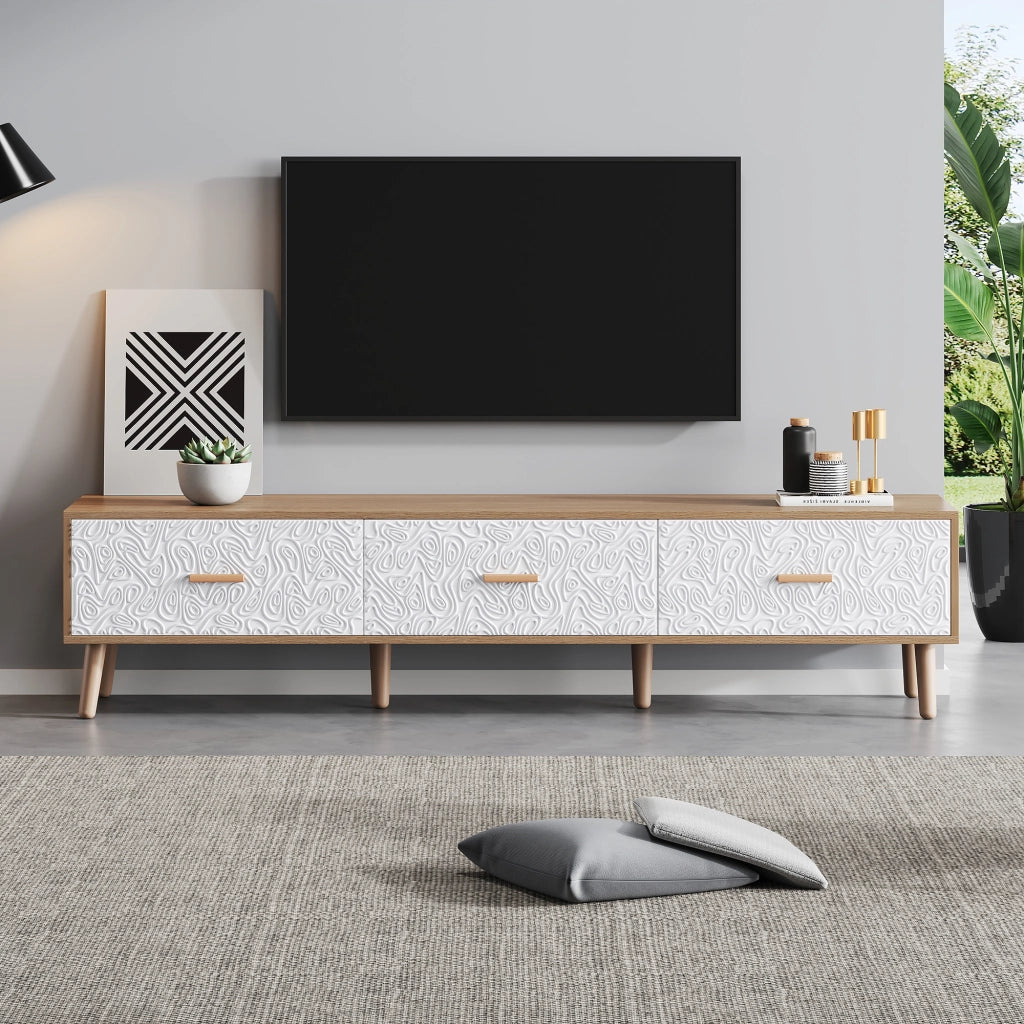 Mobile TV vintage con 3 cassetti e vano con ante testurizzate per soggiorno; in truciolare bianco e legno; 150×35×39 cm