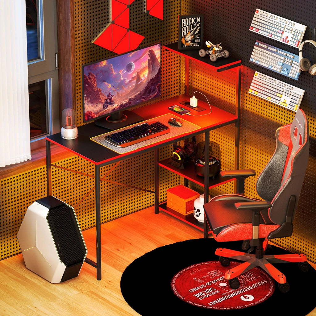 Scrivania Gaming con LED e Ripiani ¨C Zephmum ¨C Nero 110x50x75 cm
