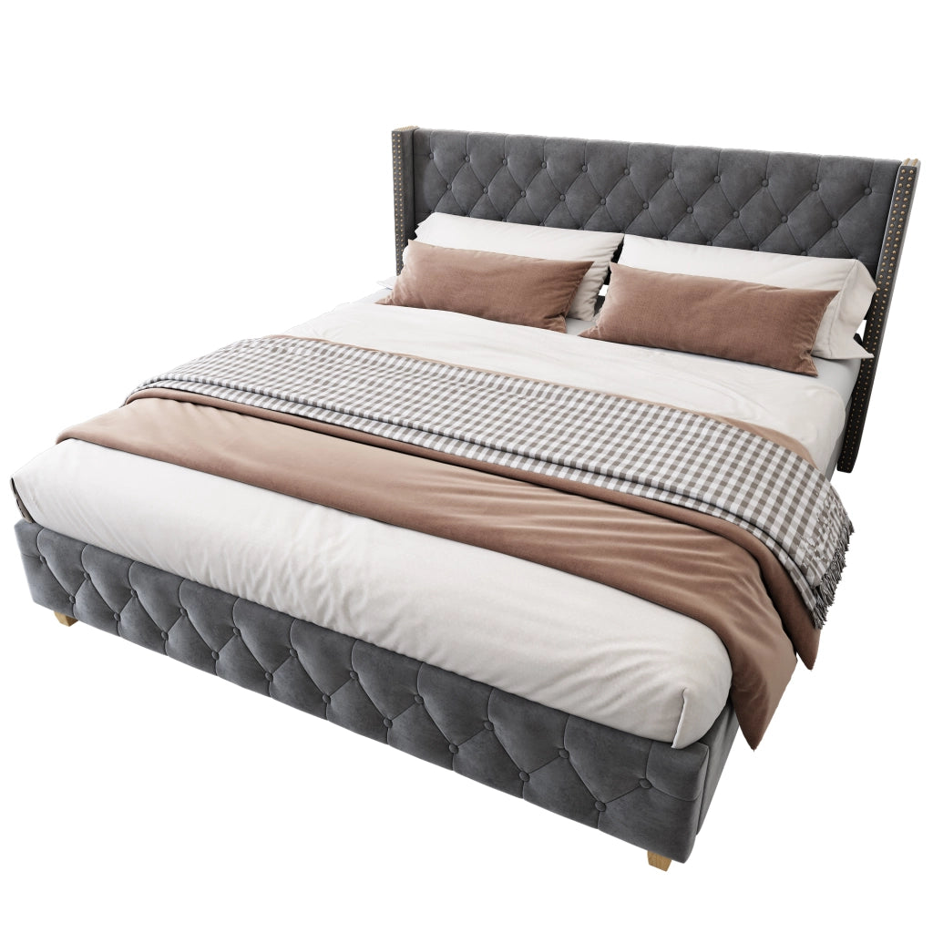 OKWISH Letto Imbottito 160×200 cm, Letto Matrimoniale con Testiera Trapuntata, Borchie Decorative e Piedi in Legno, senza Materasso, Grigio