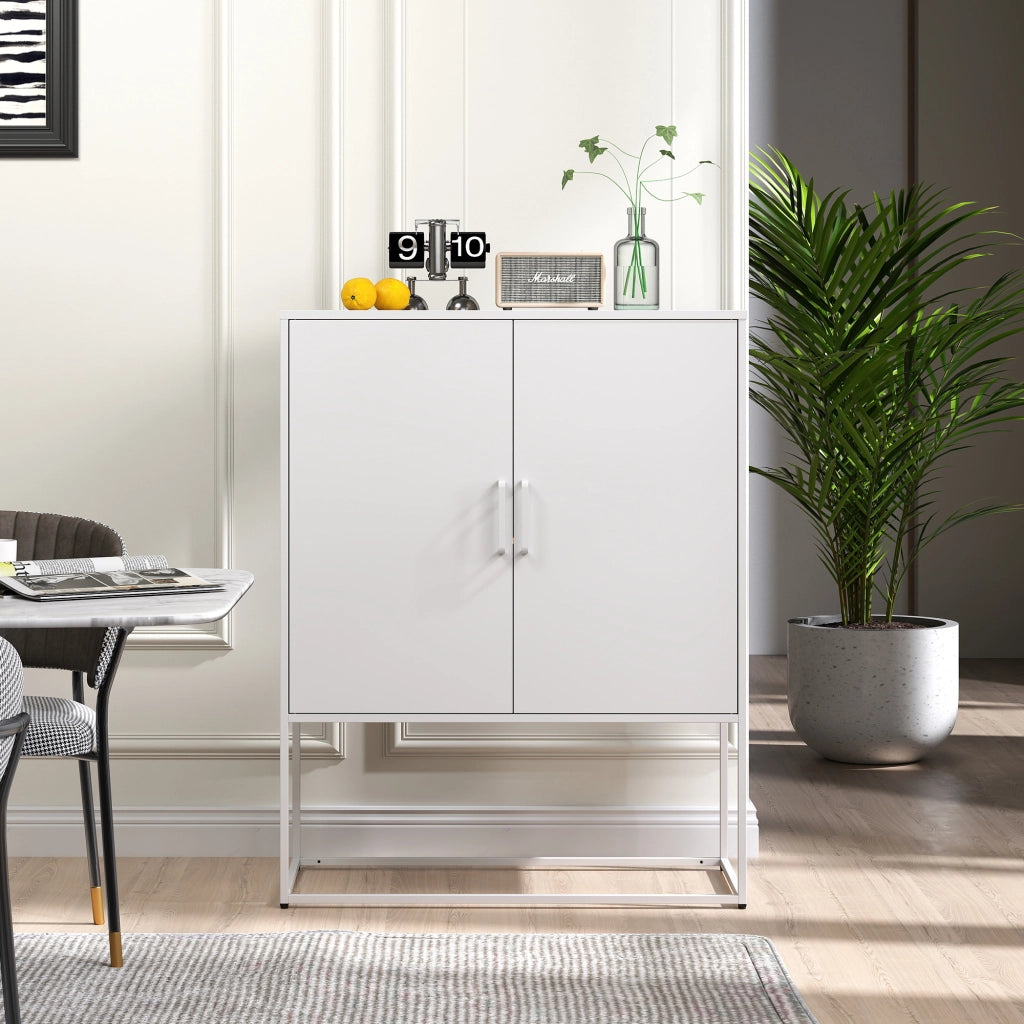 Credenza/mobile contenitore in metallo con 2 ripiani, mobile in acciaio autoportante, ante magnetiche, dispositivo antiribaltamento, adatto per soggio