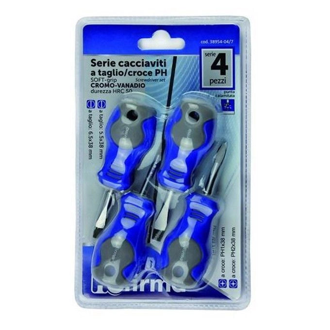Hufirma 3895404 Serie Cacciaviti Nani CRV Set 4 Pezzi Taglio Croce PH Soft-Grip Punta Calamitata colore Azzurro