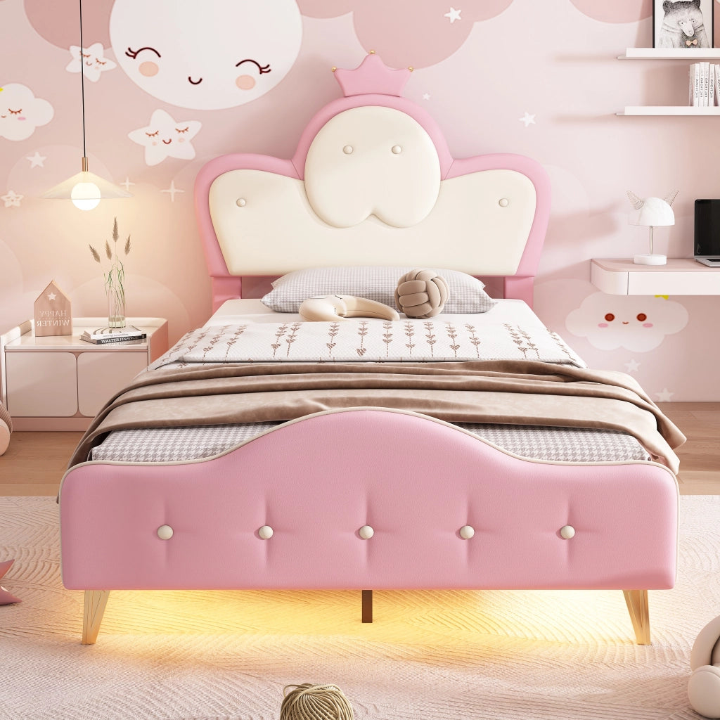Letto per bambini con LED monocromatici; testiera a corona e bordi morbidi; PU rosa e bianco; 90x200 cm; senza materasso