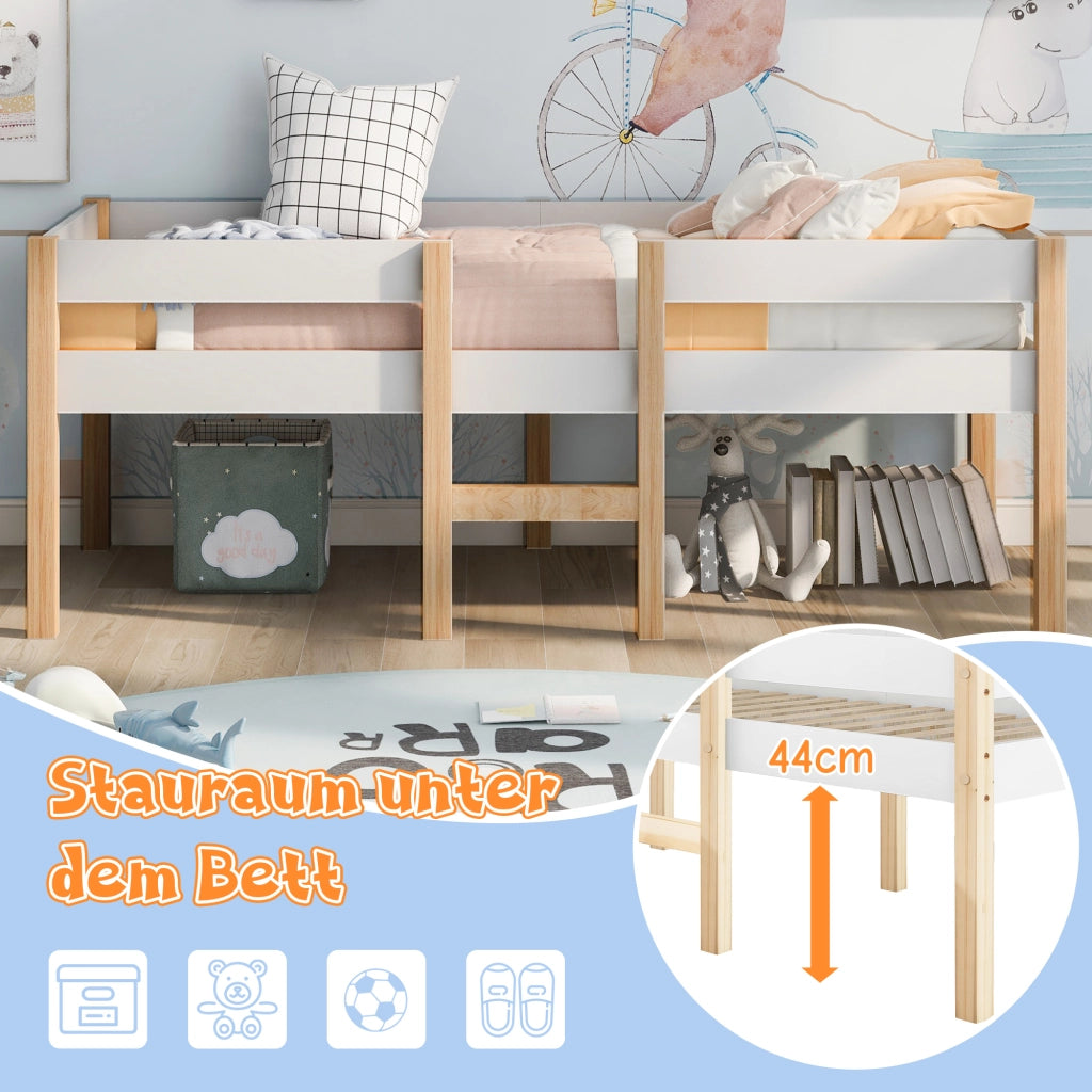 DESMIU Letto per bambini rialzato 1 posto con 2 cassetti e barriera 90 × 190 cm, senza materasso, legno massello bianco