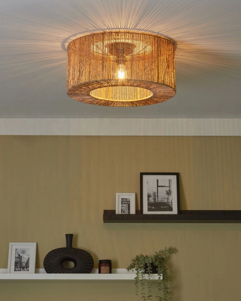 Lampada da soffitto Paralume di iuta naturale Base di ferro nero Lampo boho a sospensione Luce del soggiorno Camera da letto Corridoio