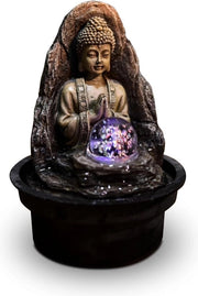 Fontana con Illuminazione LED - Tavolo con Fontana Zen Buddha - Decorazione Interna Regalo - Ciruito Chiuso - Beige e Marrone - H 18 cm