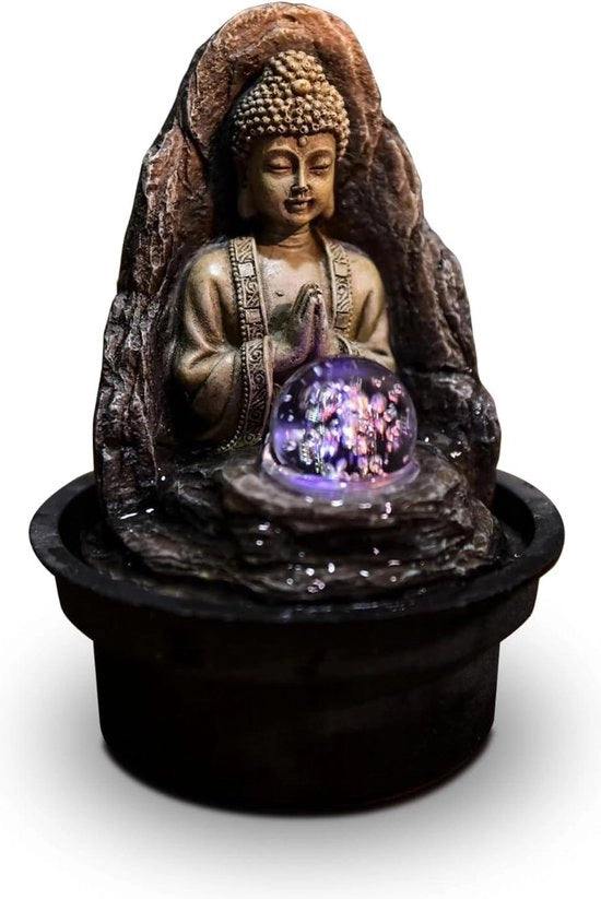 Fontana con Illuminazione LED - Tavolo con Fontana Zen Buddha - Decorazione Interna Regalo - Ciruito Chiuso - Beige e Marrone - H 18 cm