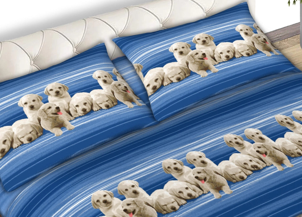 Completo Lenzuola In 100% Cotone Made In Italy Dis. Labrador Colore Blu C.N. - Matrimoniale - Blu