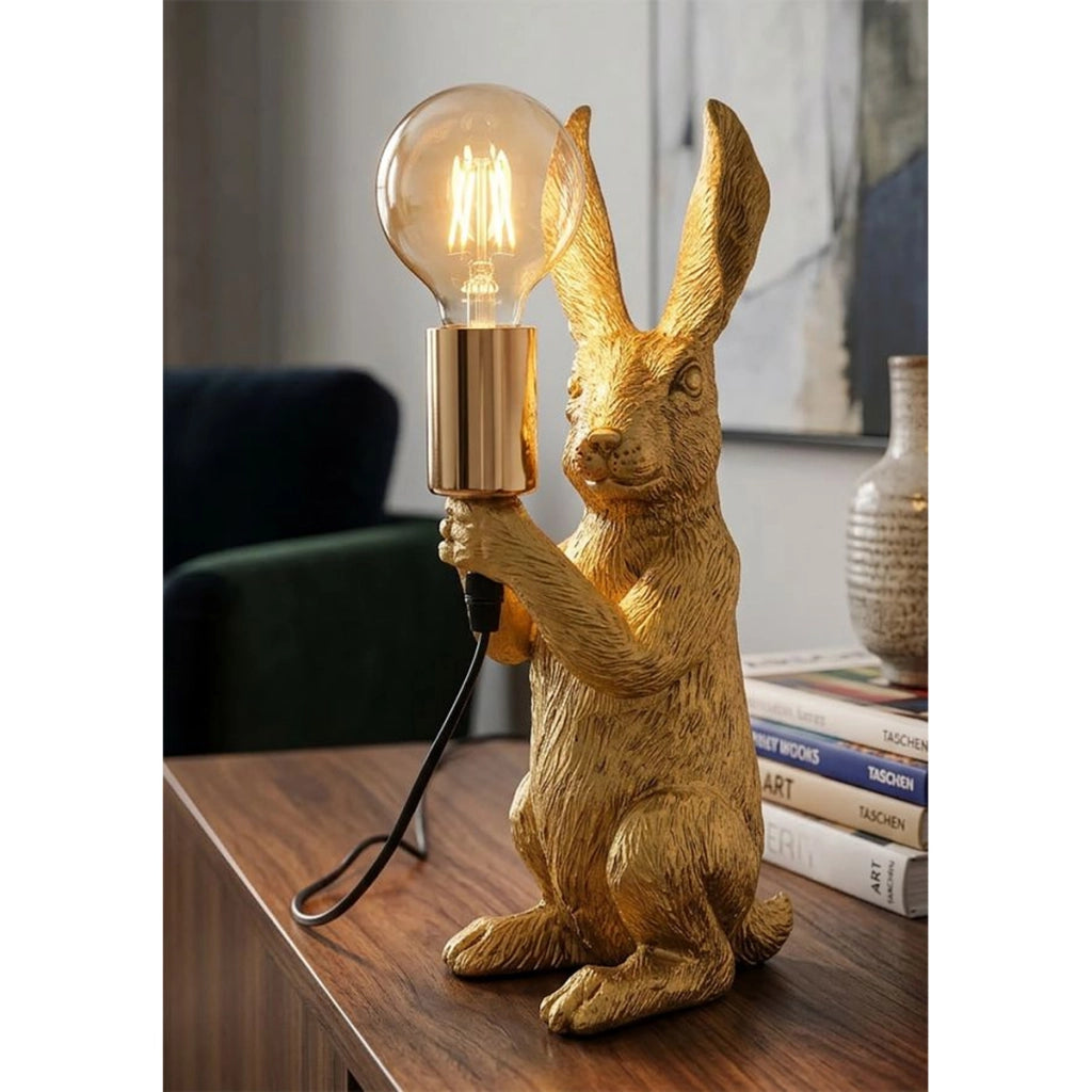 Lampada da tavolo Rabbit in resina dorata con lampadina Edison