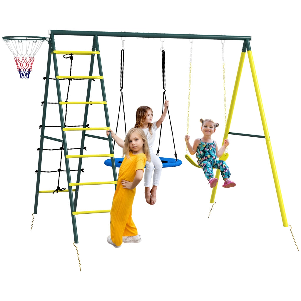 Altalena da Giardino con Scalette e Canestro ¨C Xylo ¨C Set Rotonda Acciaio per Bambini 3-8 Anni