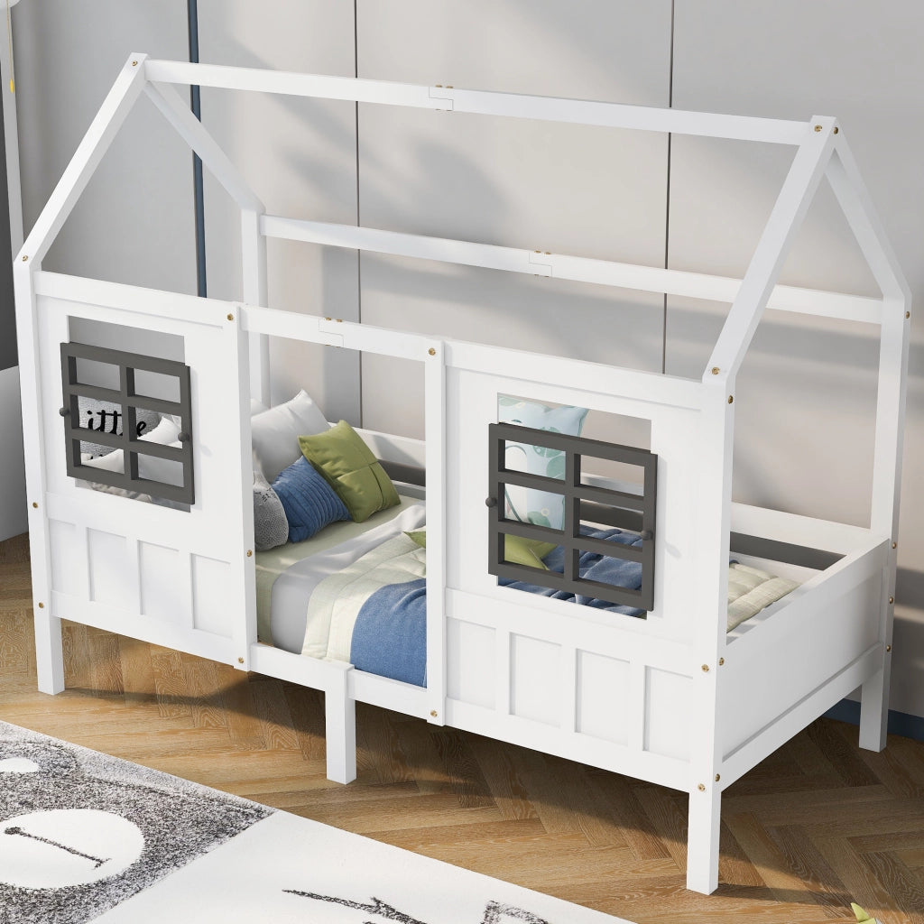 Letto Casetta 200x90 cm; Letto Singolo - 2 Finestre e Sponde - in Legno Massello - Bianco
