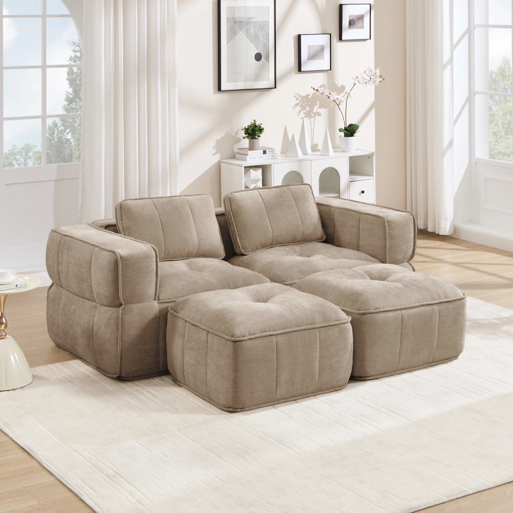 Divano modulare 2 posti con due pouf, seduta profonda e base antiscivolo in poliestere sabbia, 198 × 162 × 67 cm