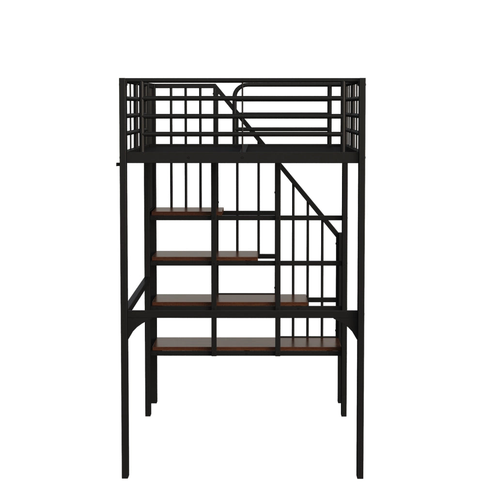 Letto a soppalco singolo 90×200 cm con scala e spazio contenitore; senza materasso; metallo; nero