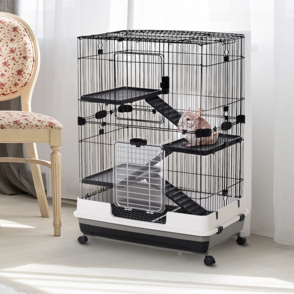 Gabbia a 3 Piani in Metallo con Vassoio per Roditori, Conigli e Furetti con 4 Ruote, 81.2x52.7x114cm, Nera