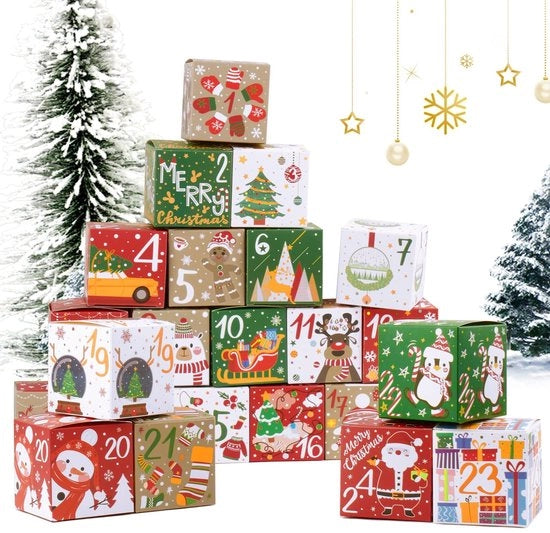 Calendario di Natale da riempire - 24 pezzi - Scatola di regali - Cartone - 7 x 7 x 7 cm - Calendario di Natale per bambini