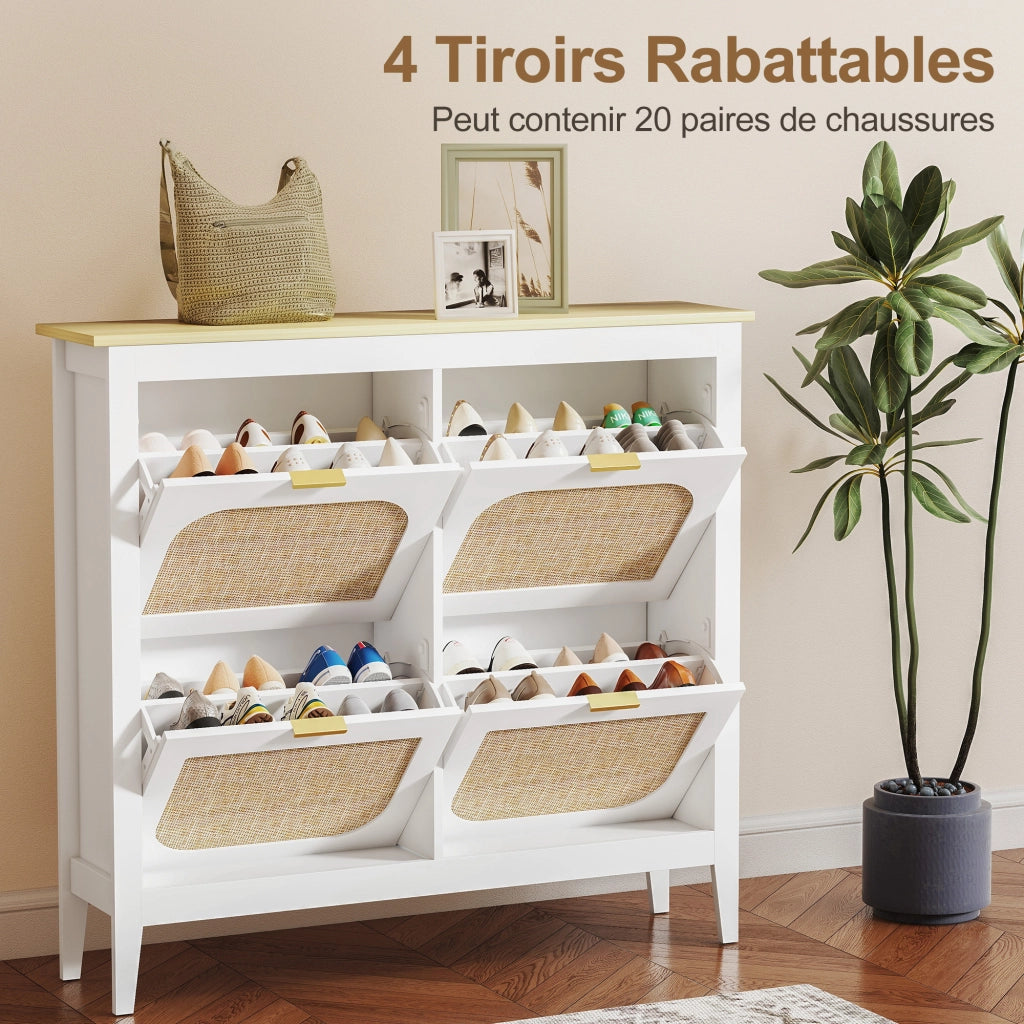 Scarpiera con 4 cassetti e ante effetto rattan ¨C Zephmum ¨C Bianco 105x24x95.5 cm