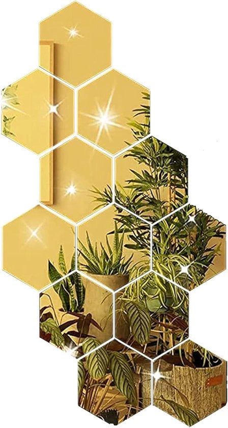 12 Stuks Zeshoekige Spieghi Acrilico per Parete - Tegole Autoadesive per Decorazione - Bagno Salotto Cucina - Camera da Letto Decorazione - Giallo - 6,3 cm