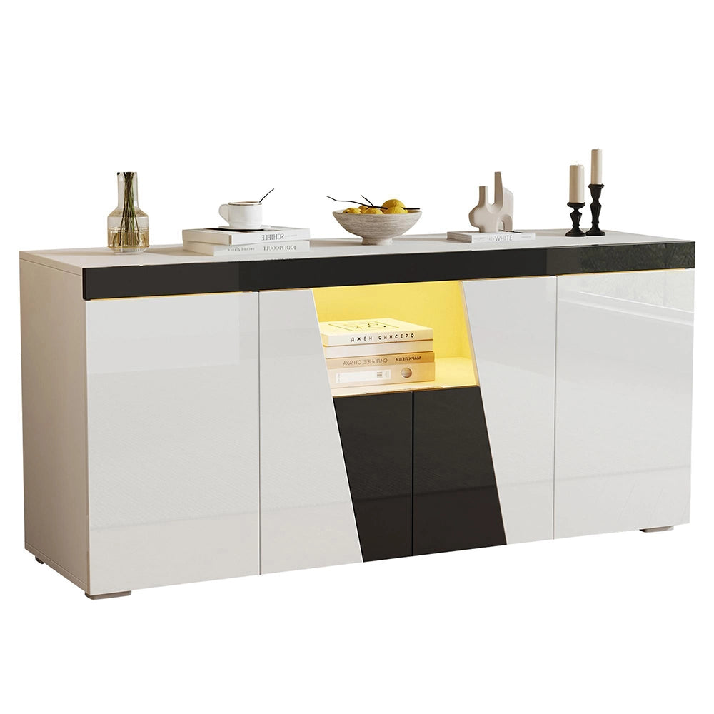 Credenza Angolare 140x40x65cm - Xylo - 3 Ante con Luci LED, Colore Bianco e Nero