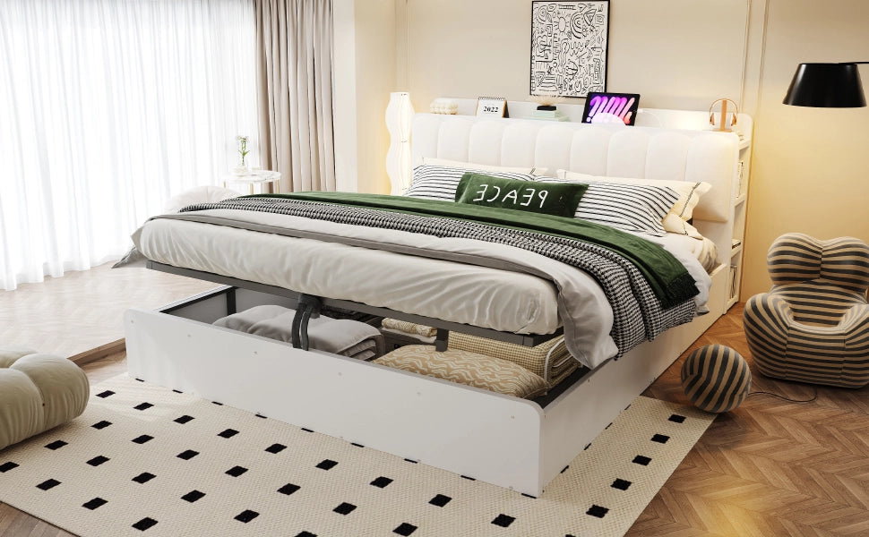 DESMIU Letto contenitore 180 × 200 cm 2 posti con testiera, USB, luce notturna e spazio, senza materasso, bianco