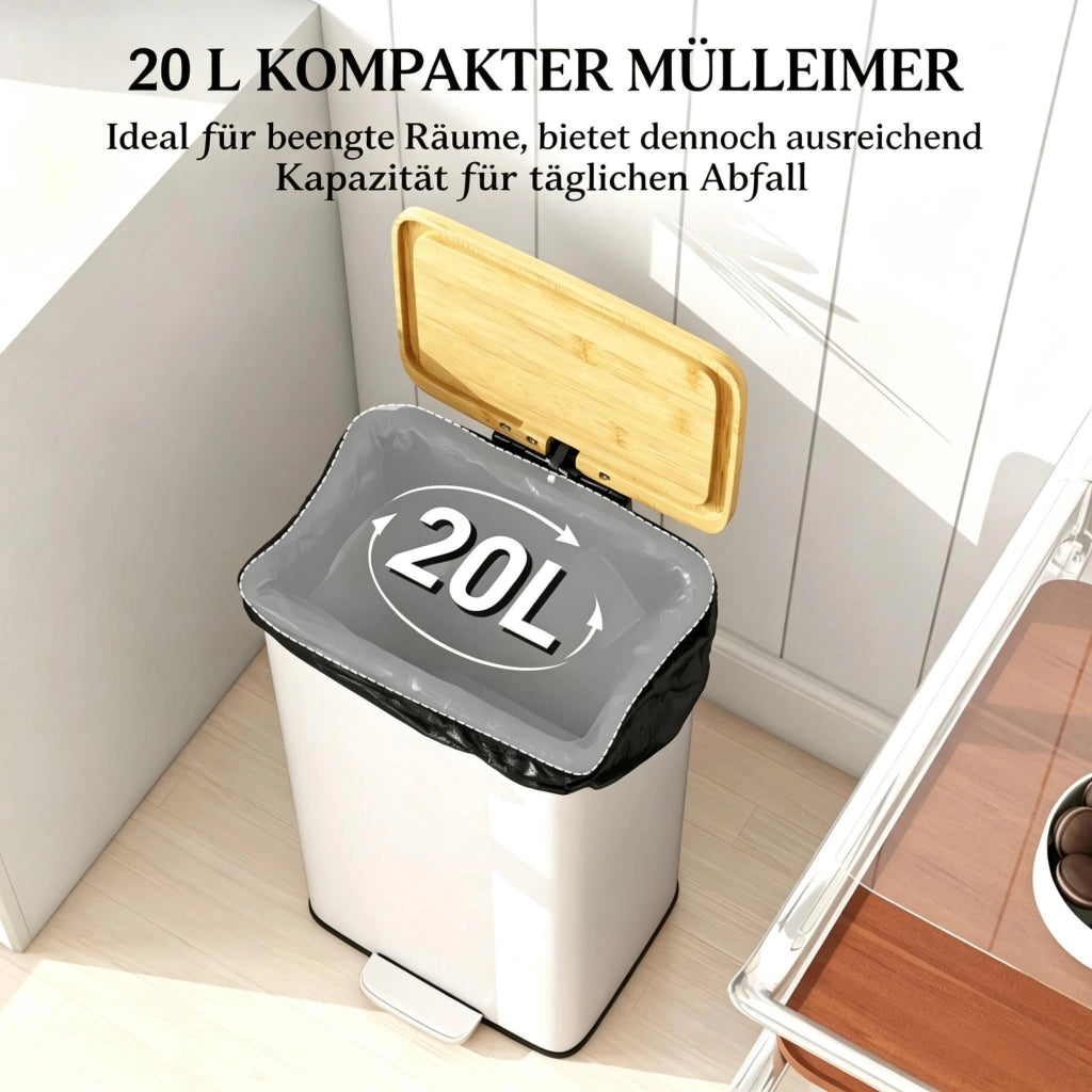 Pattumiera da cucina da 20 litri con pedale, coperchio in bamb¨´ con chiusura ammortizzata, contenitore interno removibile, bianca.