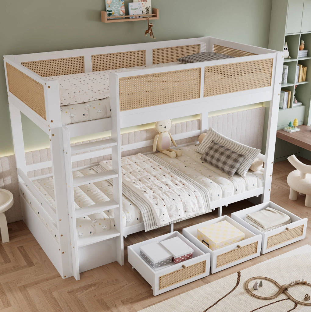 Letto a castello per bambini con 3 cassetti e scala a 4 gradini 90x200 cm