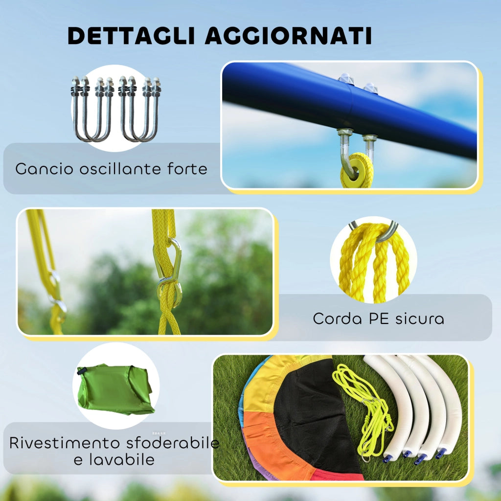 Set Altalena da Giardino 4 in 1 per Bambini 3-8 Anni con 2 Altalene Canestro e Porta da Calcio Multicolore