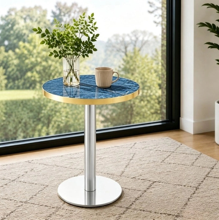 Tavolino rotondo 60x73;7 cm con piano effetto marmo blu in MDF e struttura in metallo