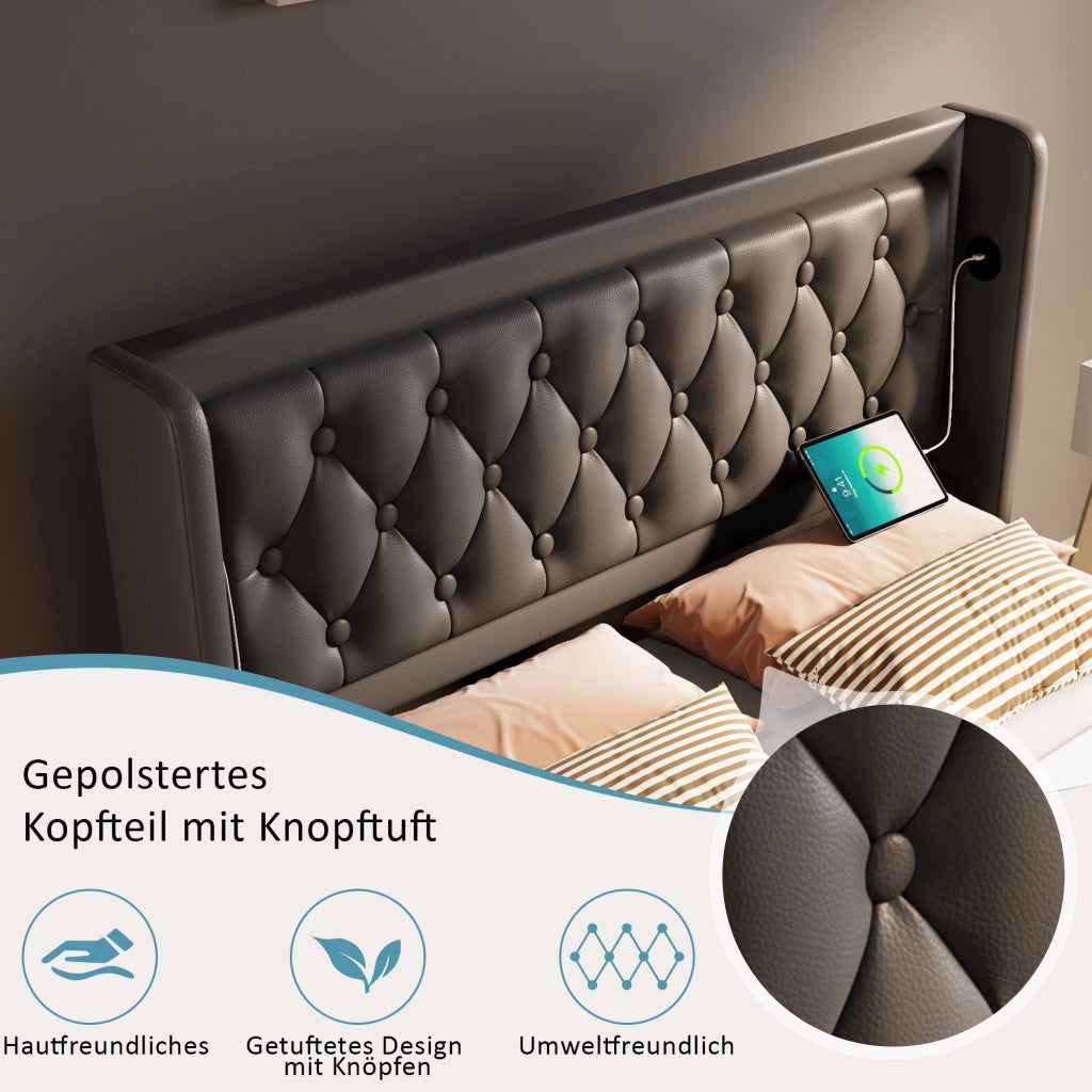 OKWISH Letto contenitore 140×200 cm, Letto Matrimoniale con Sollevamento Idraulico, USB, Type C e LED 3 Lati, senza Materasso, PU, Nero