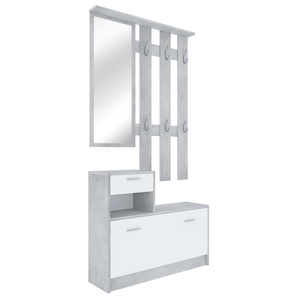 Mobile Belem Mobiletto da Ingresso con Scarpiera Appendiabiti e Specchio Arredo Arredamento Corridoio Entratina 97 x 35 x 25 cm (Bianco e Grigio Cemento)