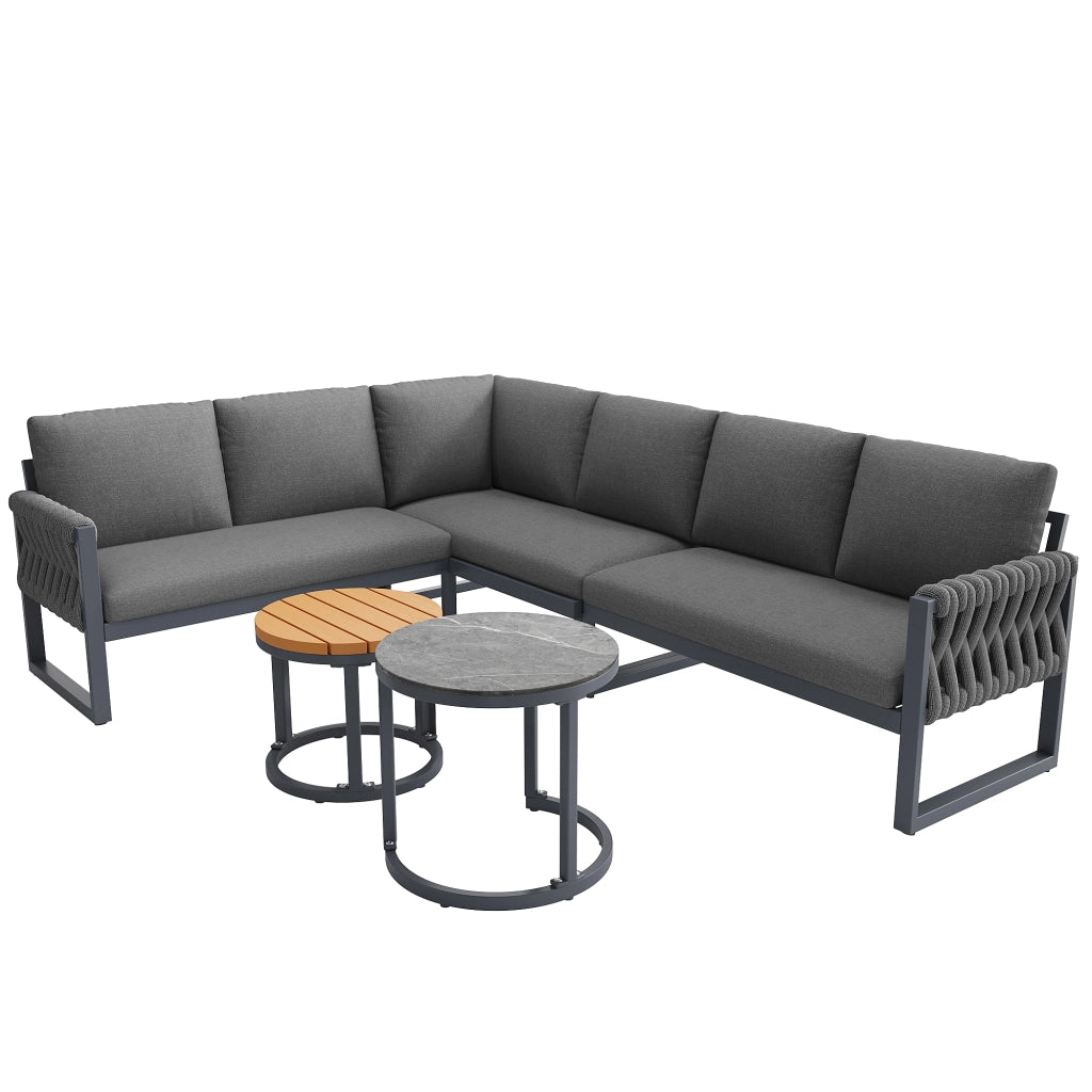 Set lounge da giardino per 5-6 persone modulare con 2 divani, 2 tavolini, olefin, grigio, cuscini sfoderabili