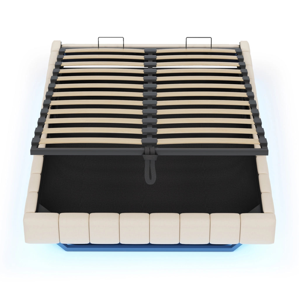 Letto imbottito sospeso 140x200 cm con LED e contenitore nascosto