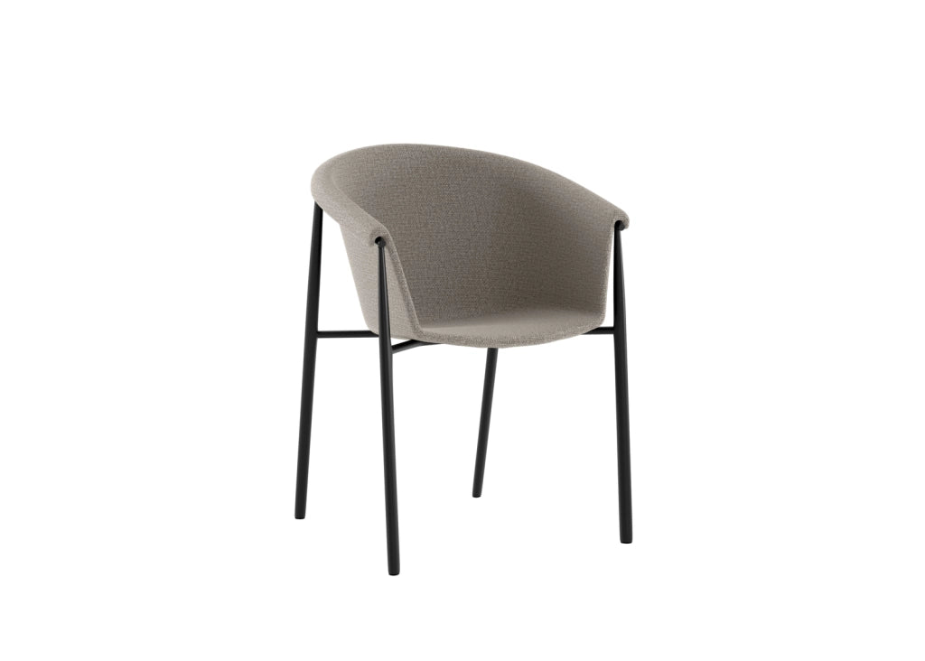 Sedia da pranzo Nari con scocca a guscio imbottita in tessuto Tortora e gambe in metallo Nero dal design moderno - 56x58x79 cm