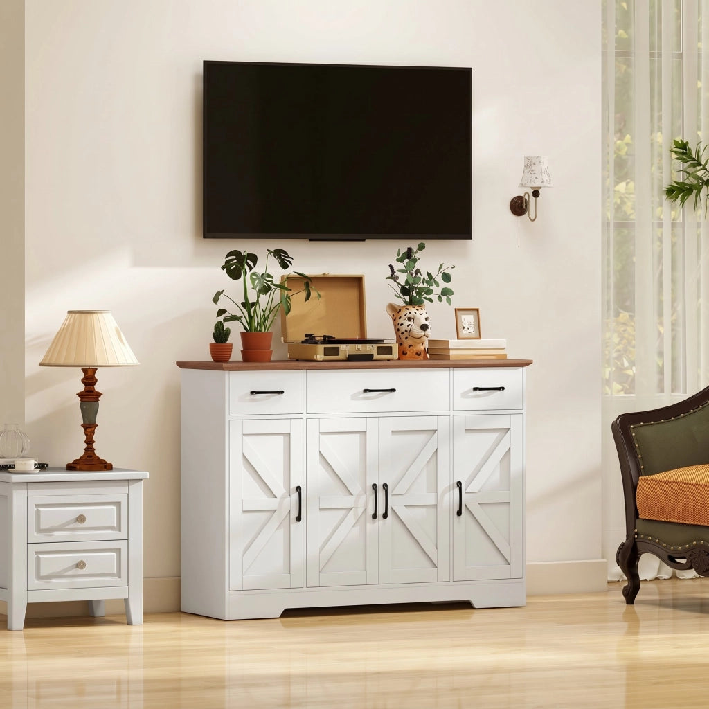 Credenza da Cucina Stile Rustico 120x38x87 cm con Ante Soft-Close 3 Cassetti 3 Ripiani Regolabili Portaspezie in MDF