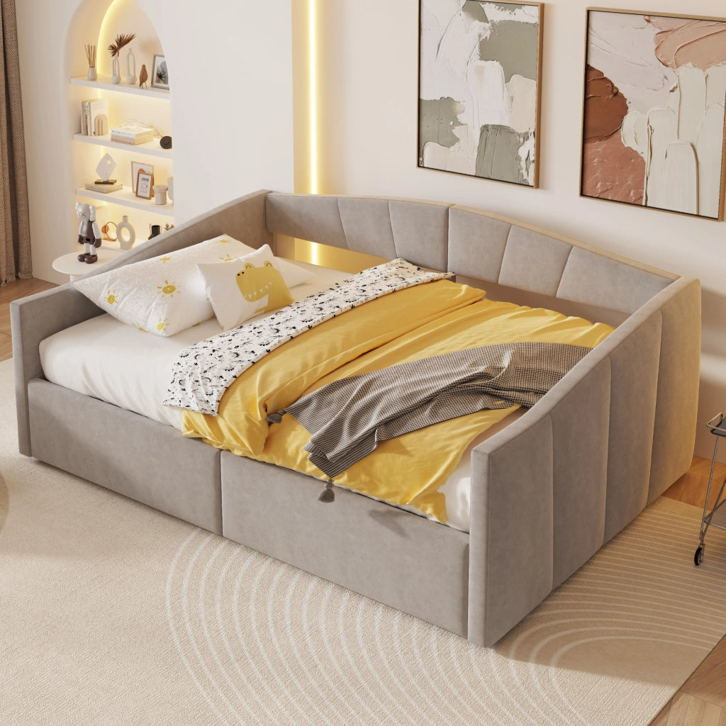 Letto Contenitore 140 × 200 cm 2 posti con vano idraulico e braccioli, senza materasso, in velluto, grigio chiaro