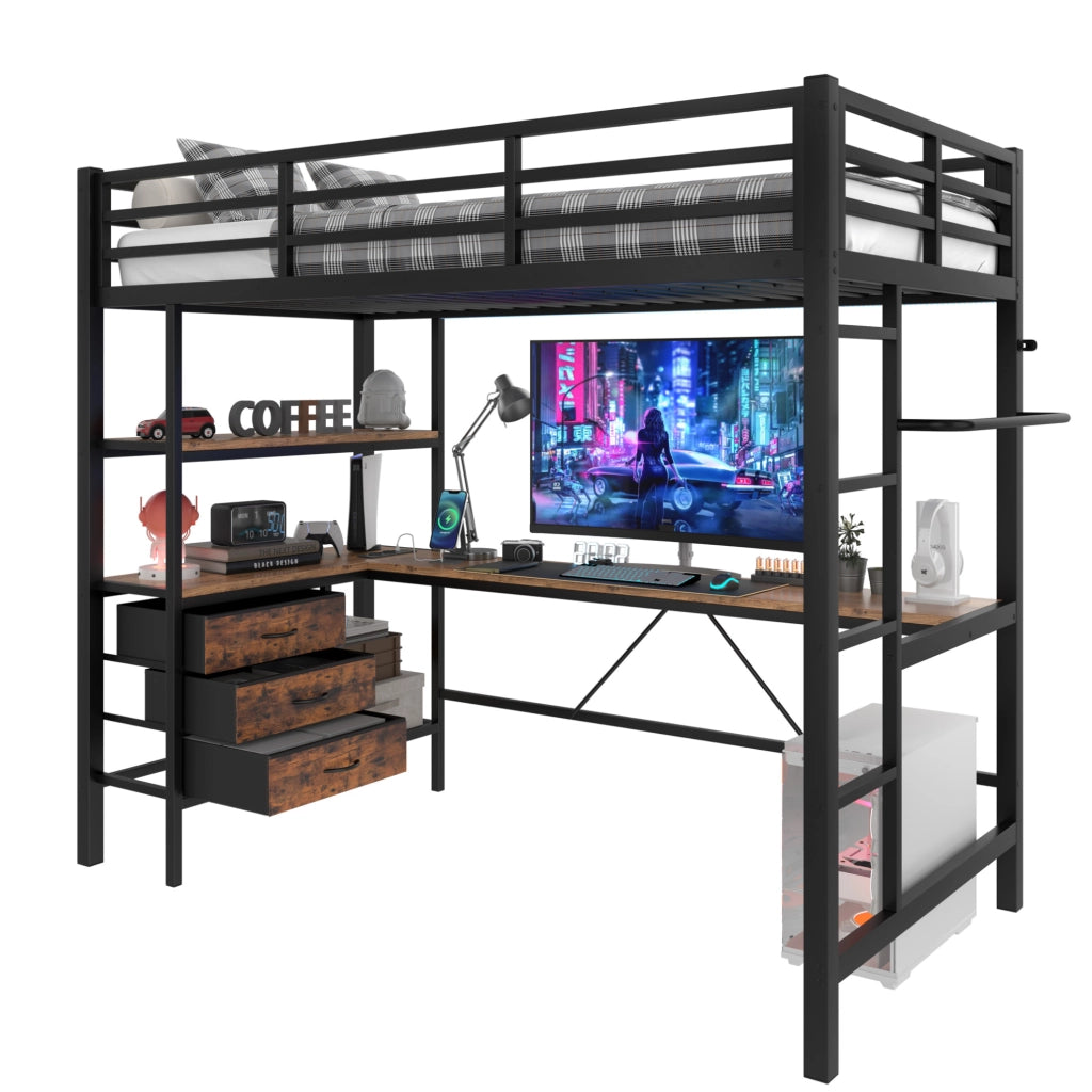 Letto a soppalco 90x200 cm con scrivania, LED, cassetti e USB