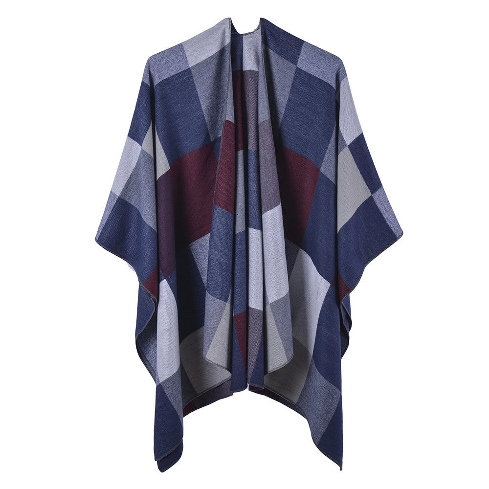 Nuova sciarpa/scialle a quadri da donna, graziosa mantellina in cashmere con spacco e nappe su entrambi i lati