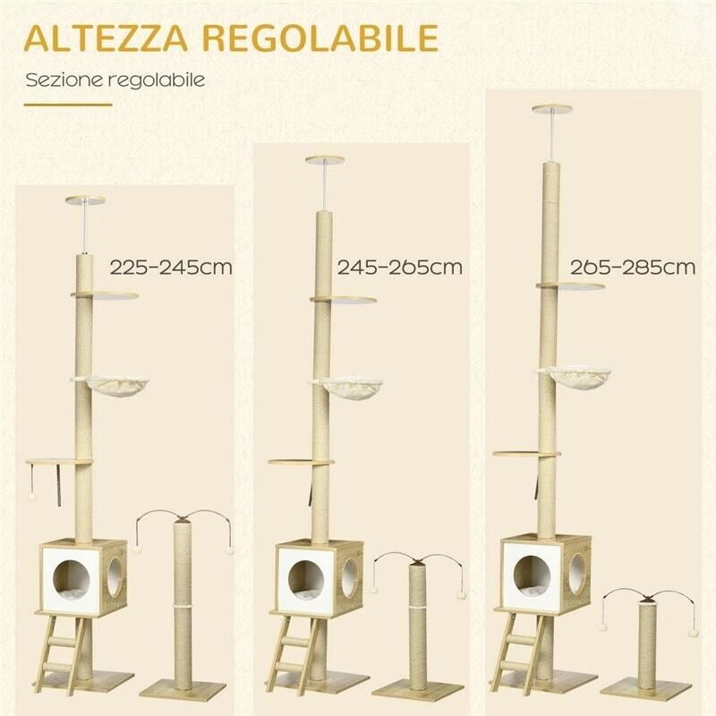 ALBERO PER GATTI IN TRUCIOLATO AD ALTEZZA REGOLABILE CON TIRAGRAFFI, CASETTA, AMACA E PALLINA, 40X40X225-285 CM