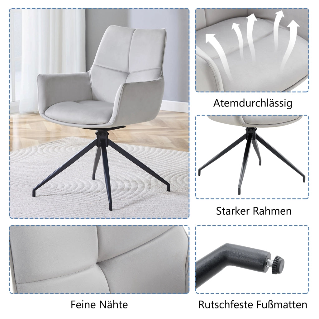 Sedia girevole a 360 gradi in tessuto grigio chiaro e metallo nero con braccioli 71 × 57,5 × 52,5 cm