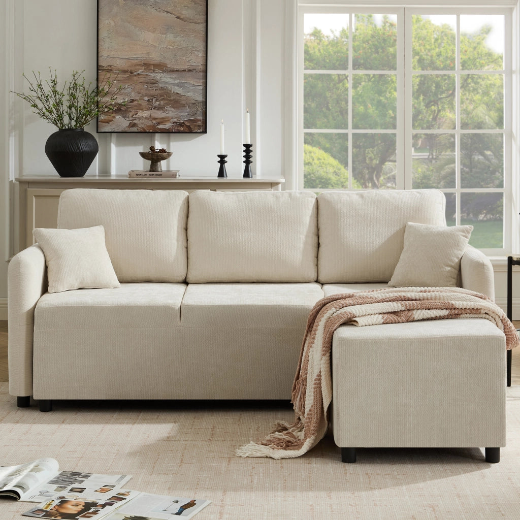 Divano angolare 3 posti con chaise longue integrata e 2 cuscini in chenille beige chiaro