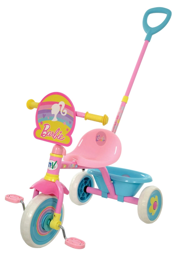 Triciclo a Pedali Primi Passi per Bambini con Maniglione Genitoriale Rimovibile e Vano Contenitore Barbie Rosa