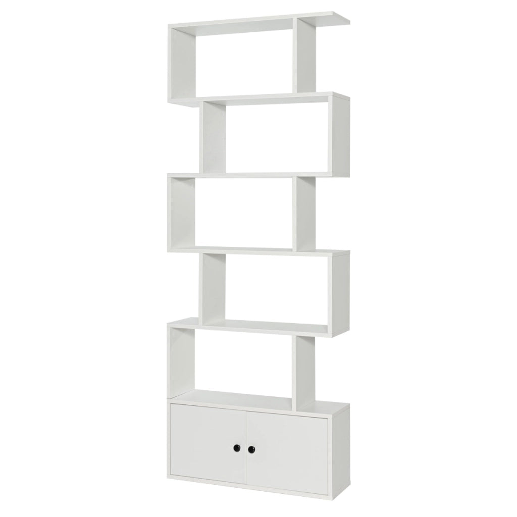 Libreria a forma di S a 5 livelli con ante, Scaffale decorativo in legno per il soggiorno l'ufficio Bianco