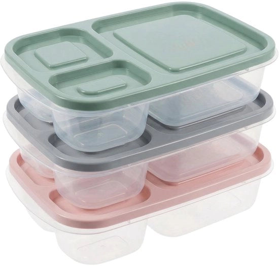 Set di 3 contenitori per pasti portatili - Bento Box - Cassetta per pane con 3 celle - Scatole per pasti - Libero da BPA - Plastica