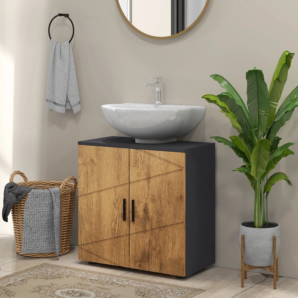 Mobile sottolavabo bagno ¨C Xylo ¨C 2 ante con ripiano, 60x30x60 cm, grigio antracite effetto legno