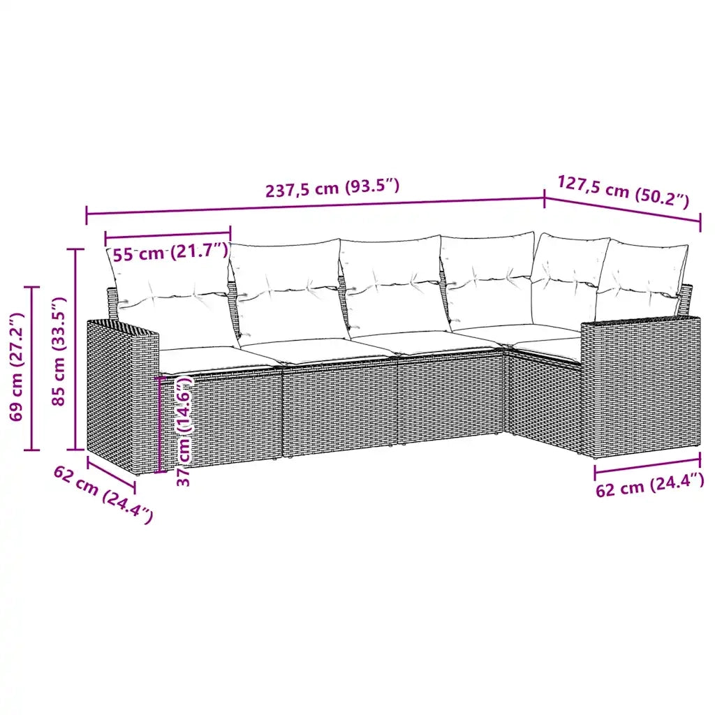 Set Divano da Giardino 5 pz con Cuscini Marrone in Polyrattan